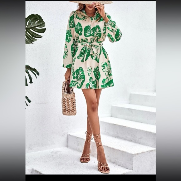 NWOT SHEIN Tropical Print Lantern Sleeve Belted Shirt Dress - Picture 9 of 11
